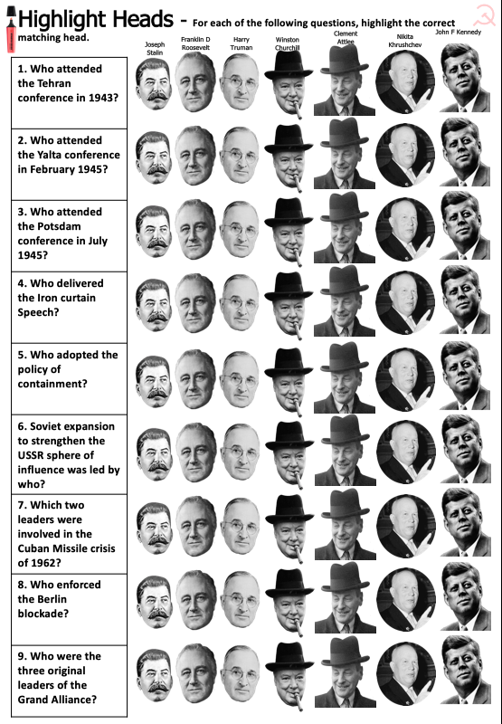 mrfitzhist's tweet photo. Put together the first in a series of 'Highlighter Heads'. A quick fire starter or homework to go alongside Y11's regular knowledge booklet testing. Perfect for the classic Superpower Relations 'who attended which conference' trap. #historyteacher https://t.co/yAaIDMan2Q