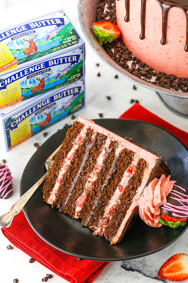 Chocolate Covered Strawberry Layer Cake made with 
<a href="/challengedairy/">Challenge Dairy</a> butter! Delicious and perfect for Valentine's Day! #sponsored #challengebutter #cake #chocolate #recipe