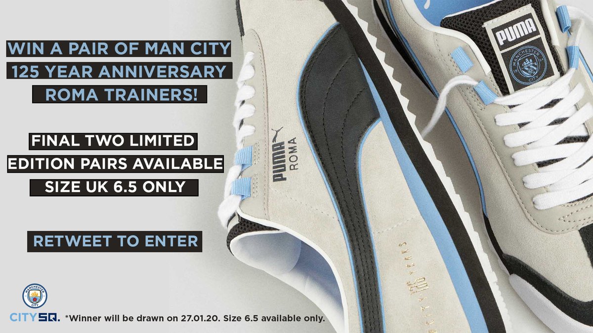 ⚡️GIVEAWAY TIME⚡️

Retweet for the chance to win a pair of Manchester City 125 Anniversary Year Roma trainers...there are only two limited edition pairs left! 🔵

#CitySquareLive