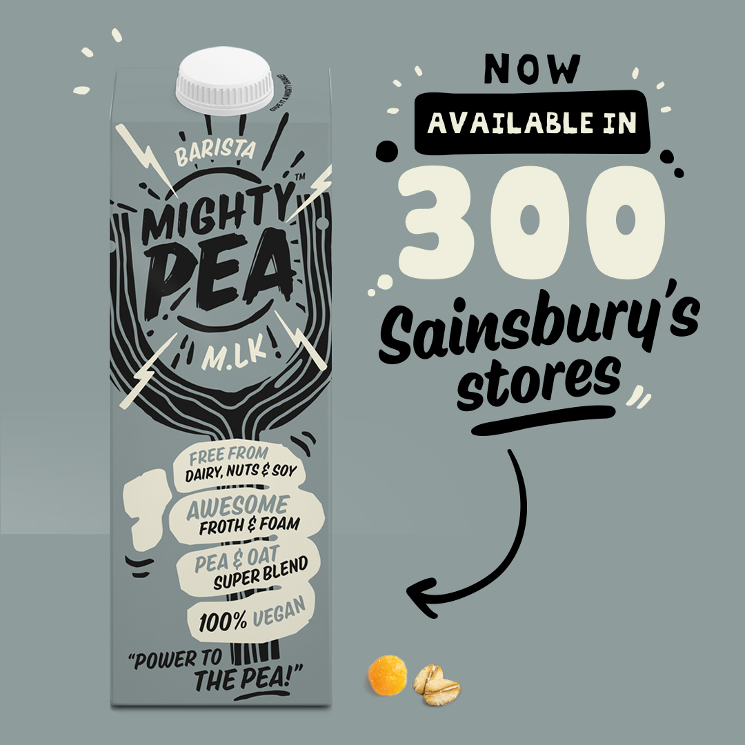 Mighty Pea Barista has just landed in <a href="/sainsburys/">Sainsbury's</a> stores all over the UK 💪

Our Pea &amp; Oat blend does the job and then some for all your hot beverage needs. No splitting at all!

Get to Sainos ASAP to make your vegan coffees and teas a whole lot Mightier.