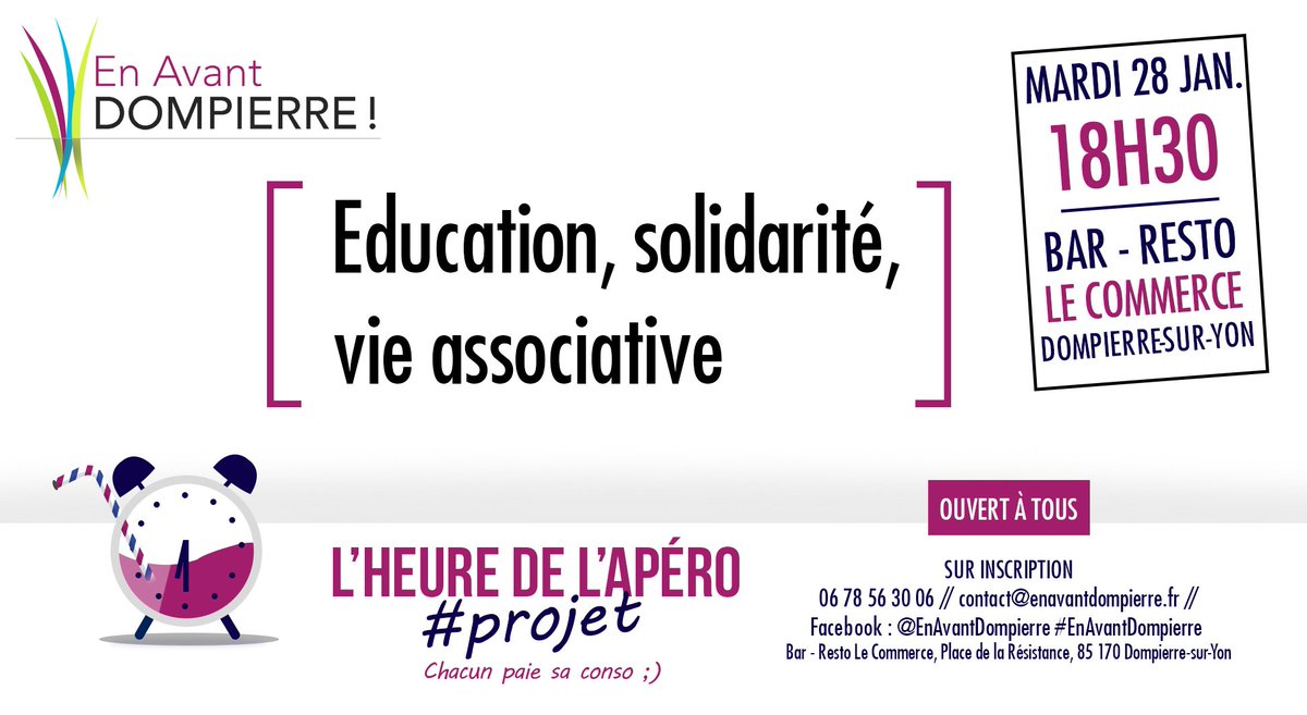 EAD_2020's tweet photo. [Invitation apéro projet 3]

⏰ RDV Mardi 28 janvier à 18h30 au bar-resto Le Commerce ! Rejoignez nous !

#Projet3 #EnAvantDompierre

Venez contribuer à Dompierre 2020/2026 et donner votre avis #Education #Solidarité #VieAssociative https://t.co/mmuwgP86xm