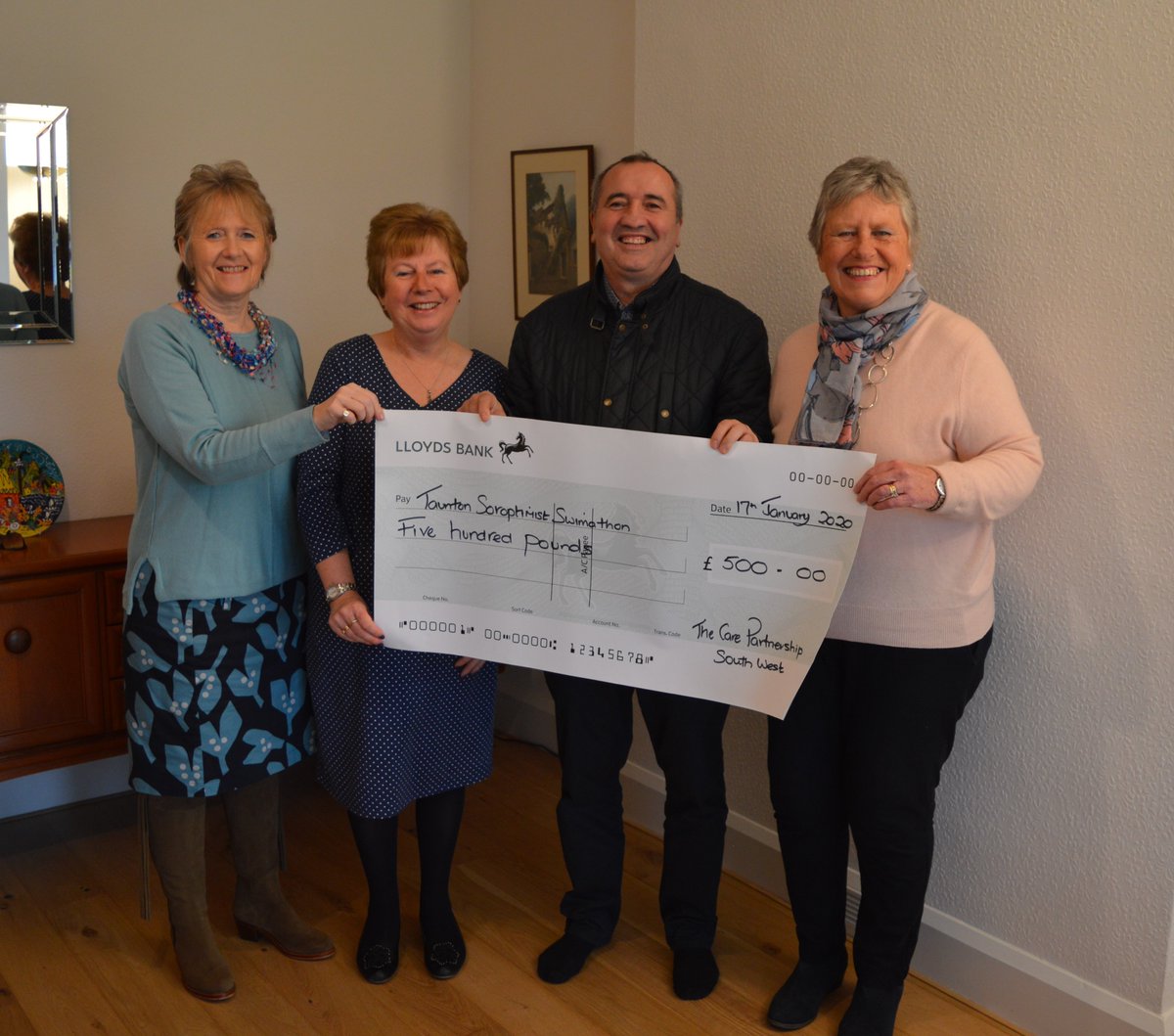 Many thanks to the Care Partnership South West for donating £500 towards swimmers' medals for our #Soroptimist #Swimathon.  Rob Phillips, Director, pictured with (L-R) Jane Fitzgerald, Christine Briggs and Jane Barrie.  Our grateful thanks!