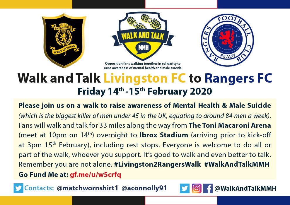 🚨NEW WALK ANNOUNCEMENT🚨 Friday 14th of February we will be walking overnight from @LiviFCOfficial to @RangersFC in aid of men’s mental health and opening up the conversation, stay tuned for more info. #MentalHealthAwareness #RangersFC #SaveTheMale