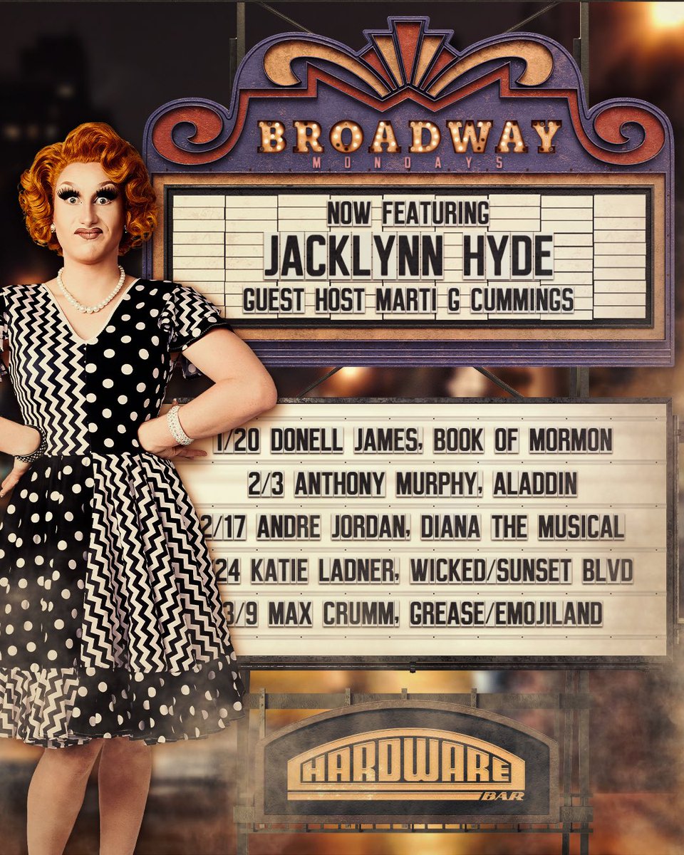 HydeJacklynn's tweet photo. I’m excited to be joining the cast of #BroadwayMondays at #HardwareBar! Tonight, @TheDJF is joining us from #TheBookofMormon on #Broadway! Come see me and @MartiGCummings while @CacophonyDaniel & @TheSuttonLee are away! 10PM with music and videos all night from @DJohRicky! https://t.co/xwRaerbFt0