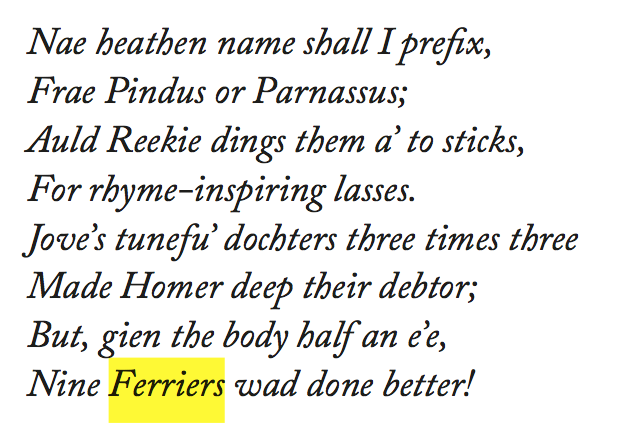 Burns wrote poetry about women his whole life incl some who had writing talent. In 1787 in Edinburgh he met 9 sisters - the Ferriers. Obvs he penned them a poem. The youngest Susan, went on to write one of the most popular novels of the era, highly praised by Walter Scott. /2