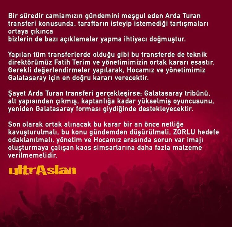 Ortak alınacak bu karar bir an önce netliğe kavuşturulmalı, bu konu gündemden düşürülmeli, ZORLU hedefe odaklanılmalı, yönetim ve Hocamız arasında sorun var imajı oluşturmaya çalışan kaos simsarlarına daha fazla malzeme verilmemelidir.

#ultrAslanLISE