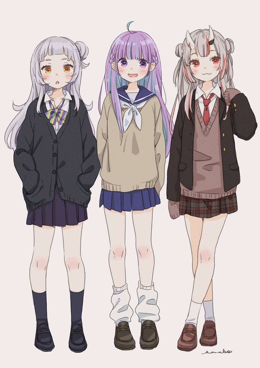 minato aqua ,murasaki shion ,nakiri ayame multiple girls skirt 3girls oni horns school uniform hair bun horns  illustration images