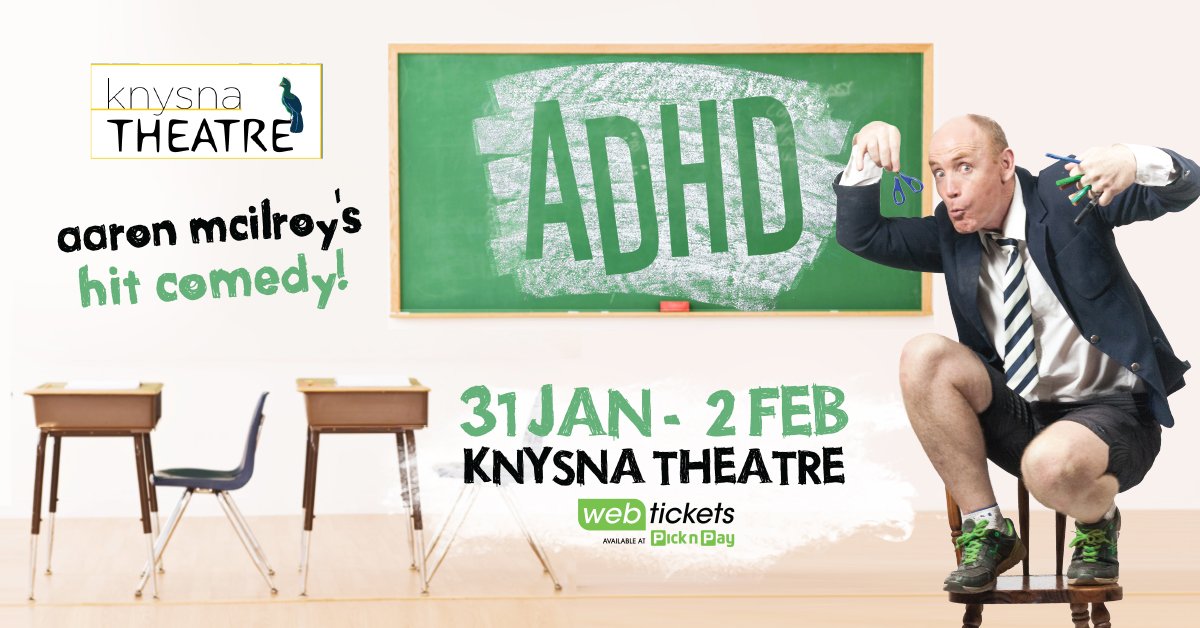 KnysnaTheatre's tweet image. The Master of Mirth, Aaron McIlroy brings his hit comedy, ADHD to Knysna Theatre! 31 Jan - 2 Feb, Tickets R160 through @webticketsSA, Pick 'n Pay stores, or at Knysna Theatre box office.