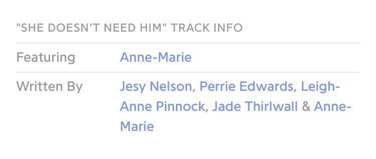 jadescowboyy's tweet photo. a new song has been registered for Little Mix titled “She Doesn’t Need Him” &amp; apparently features @AnneMarie!😱

Possible #LM6 track?👀 https://t.co/qV9D2Xsjve