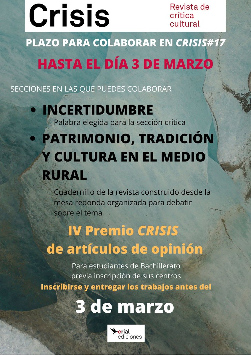 ErialEdiciones1's tweet photo. Os recordamos que ya está abierto el plazo para colaborar con el próximo número de nuestra revista: CRISIS#17
https://t.co/NGNVZanDg7…/ https://t.co/gbXzcuKk8y