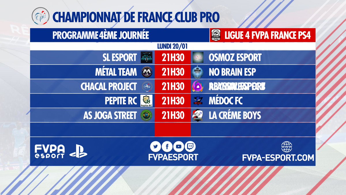 FVPAeSport's tweet image. 🇫🇷 PS4 - LIGUE 4

Les matchs de la J4 et 5 #L4FVPA

Bonne chance à tous #FVPAPS4