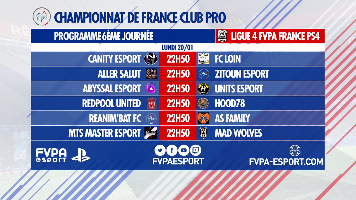FVPAeSport's tweet image. 🇫🇷 PS4 - LIGUE 4

Les clubs #L4FVPA termineront la semaine avec la J6 !

Bonne chance à tous #FVPAPS4