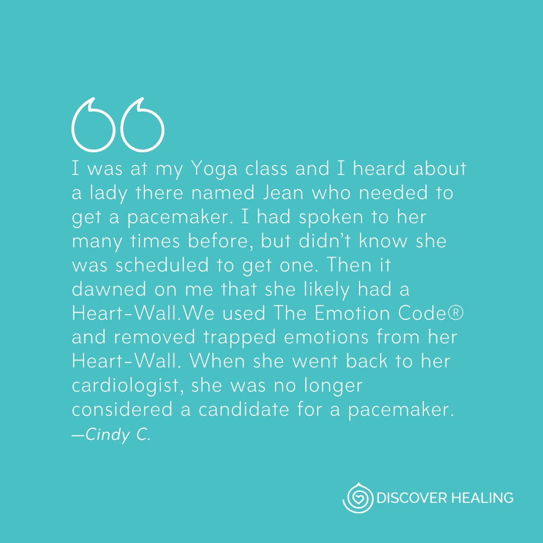 DiscHealing's tweet photo. After just four sessions using The Emotion Code®, Cindy was able to help Jean remove Trapped Emotions from her heart-wall. Months later, Jean was no longer considered a candidate for a pacemaker!
#discoverhealing #energyhealing #theemotioncode
#thebodycode #energy #healing https://t.co/zhLdNf8uM9