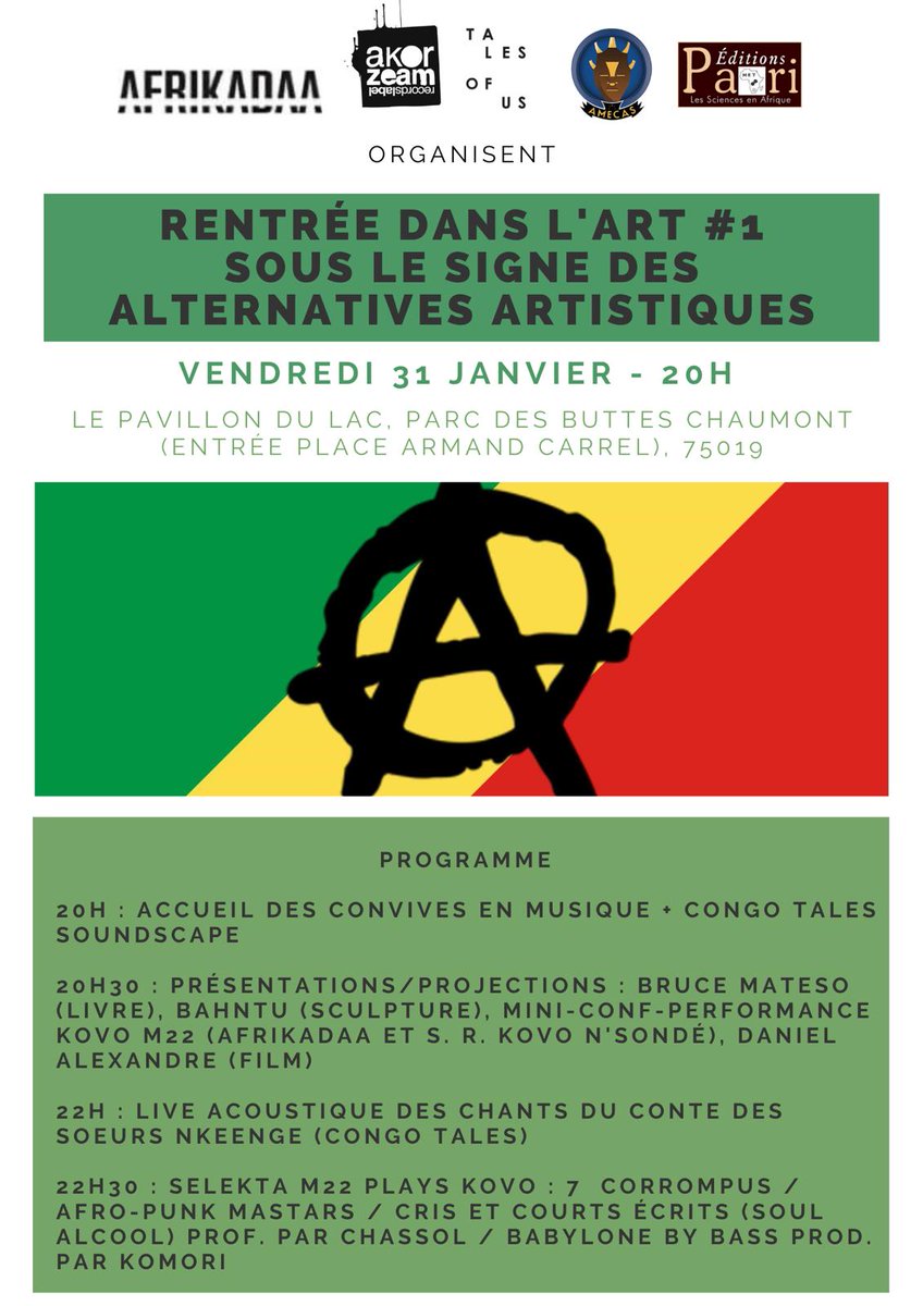 AmecasP1's tweet photo. L’AMECAS a le plaisir de vous convier à la première édition de “Rentrée dans l’Art” qu’elle ci-organise le 31 janvier à 20h.

Venez à la rencontre de Bruce Mateso (@Noko_Bruce), qui présentera pour la première fois son ouvrage "André #Matsoua et les fondements de l'Amicale". https://t.co/lwxijLkw6s