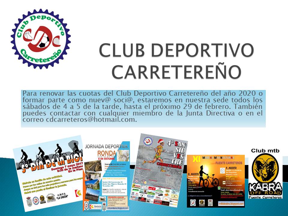 CDCarretereno's tweet photo. El Club Deportivo Carretereño abre plazo para renovación de cuotas y altas de nuev@s soci@s. Para más información puedes dirigirte a cualquier miembro de la Junta Directiva o todos los sábados de 4 a 5 de la tarde en nuestra sede de las instalaciones deportivas. https://t.co/X2ZhVcS0uJ