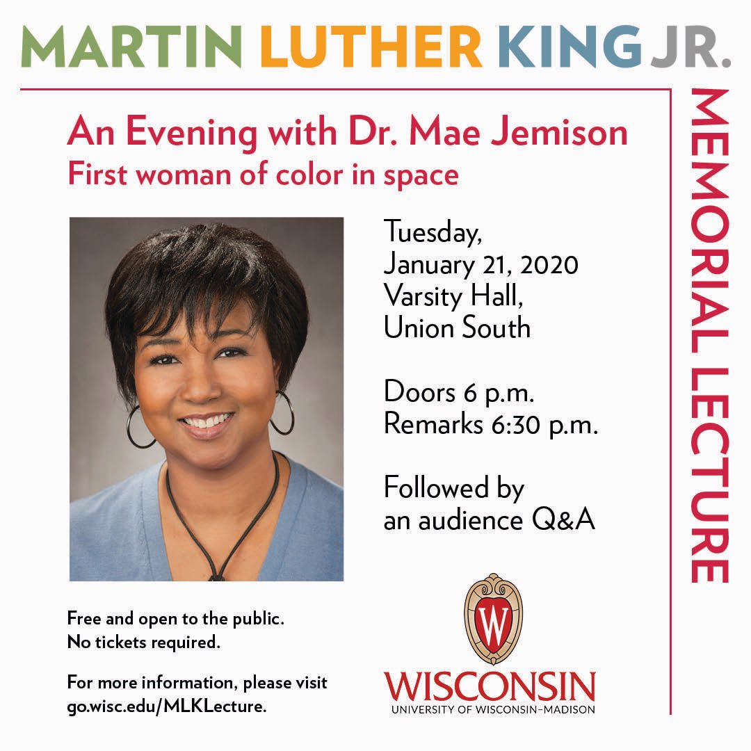 Happy #MLKDay Let’s all honor and reflect on MLK Jr.’s teachings, heroism, and legacy.

Be sure to check out tomorrow’s #UWMLK lecture by Dr. Mae Jemison. @maejemison is an astronaut, engineer, educator, AND the first woman of color to go into space! You won’t want to miss this!