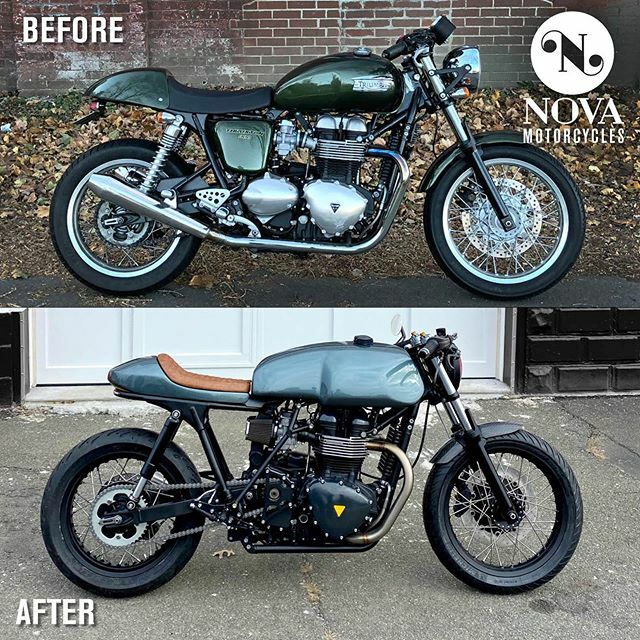 Before &amp; After of our 2013 #triumph #thruxton build. If you want to radically alter look you have to lose the stock tank. We designed our own (along with the tail section and carbon fiber fender) and our friend @tannermatic constructed them out of #kevlar. This was no easy f…