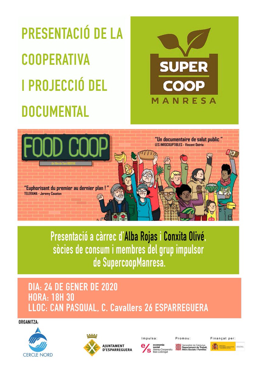 📣Les companyes de @supercoopmanre1 ens venen a presentar el seu projecte de Supermercat Cooperatiu. 🥬🍎🥕🥦
El 2️⃣4️⃣ a Esparreguera i el 2️⃣9️⃣ al Prat. 
 
I després 🎥 de Food Coop. 
<a href="/AteneuCoopBLl/">AteneuCoopBLlobregat</a> <a href="/ajelprat/">Ajuntament del Prat</a> <a href="/esparreguera/">Ajuntament d'Esparreguera</a> #SupercoopManresa