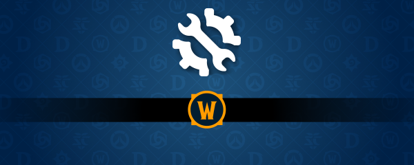 World of Warcraft logo beneath a gear and wrench icon. 