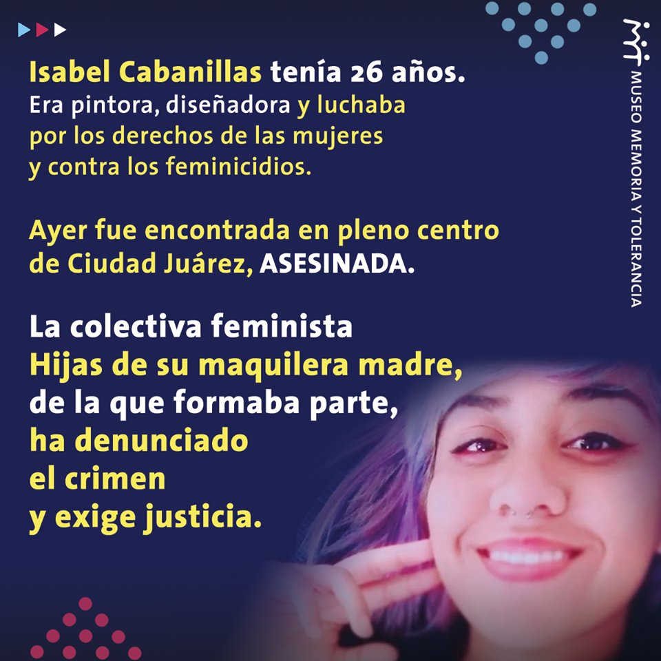 MuseoMyT's tweet photo. Isabel Cabanillas llevaba dos días desaparecida y ayer fue encontrada en pleno centro de Ciudad Juárez. Fue asesinada de dos balazos. Sus compañeras protestaron para exigir justicia mientras recibían burlas de la policía.
#IsaSomosTodas #NiUnaMenos
Fuente: https://t.co/9r7DcgybYp https://t.co/TYByqlDzNv