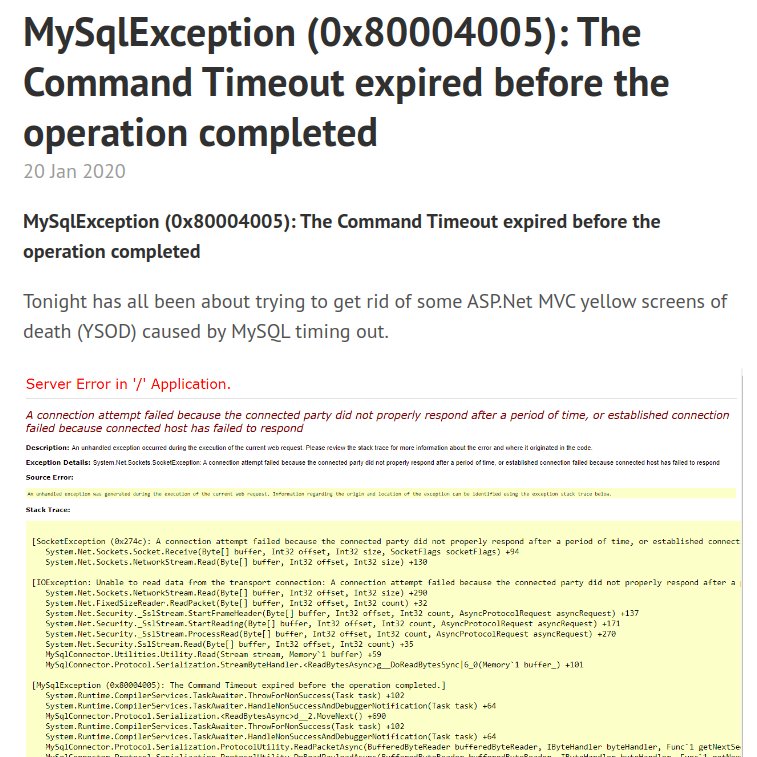 solrevdev's tweet image. Just blogged: MySqlException (0x80004005): The Command Timeout expired before the operation completedhttps://solrevdev.com/2020/01/20/mysqlexception-0x80004005-the-command-timeout-expired-before-the-operation-completed.html #mysql #aspnet #mysqlconnector #0x80004005