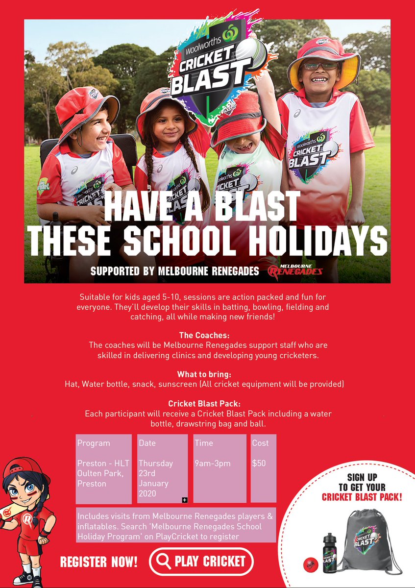 Sign up to our School Holiday Program supported by the Melbourne Renegades with player appearances. 

📍 - HLT Oulten Park, Preston
📆 - Thursday, January 23
🕗 - 9am - 3pm
💲 - $50
 
Registration link: playcricket.com.au/club-finder/cl…