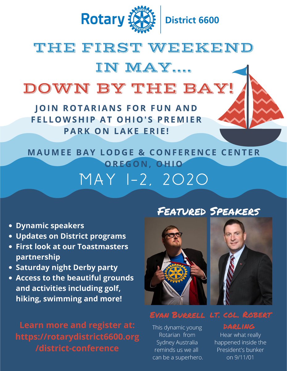 ElyriaRotary's tweet photo. Activities include, indoor pool, volleyball, trails, bike rides, tennis, golf, and racquetball, just to name a few.

We have two great speakers, Evan Burrell on Friday and Robert Darling on Saturday.

Don't delay and register online today through DacDB. https://t.co/mnv9QVNXQK