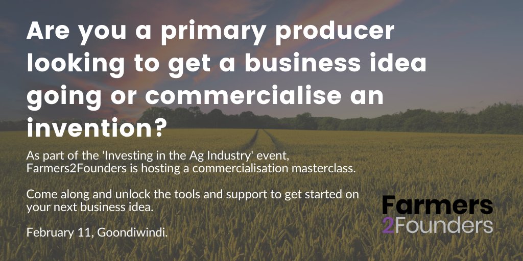F2F is excited to be taking part in the Investing in the Ag Industry event with @TSBEnterprise @AdvanceQld @FoodLeadersAus @CultivateFarms . @CassMao  will be delivering a masterclass on top tips for commercialising an idea. Feb 11.  Register at: bit.ly/30pePkx