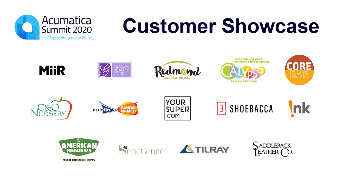 A ton of great companies will be in our Customer Showcase at #AcumaticaSummit 2020! 

<a href="/miir/">MiiR</a> <a href="/globalbeautynyc/">Global Beauty Care</a> <a href="/redmondlife_/">Redmond Life</a> <a href="/c_onursery/">C & O Nursery Co.</a> <a href="/SHOEBACCA/">SHOEBACCA.COM</a> <a href="/BluefinBrands/">bluefin brands</a> <a href="/americanmeadows/">American Meadows</a> @SeneGence_Intl <a href="/saddlebackbags/">Saddleback Leather</a> <a href="/tilray/">Tilray Brands</a> #CalypsoCards #COREfoods #YourSuperfoods #InkCustomTees