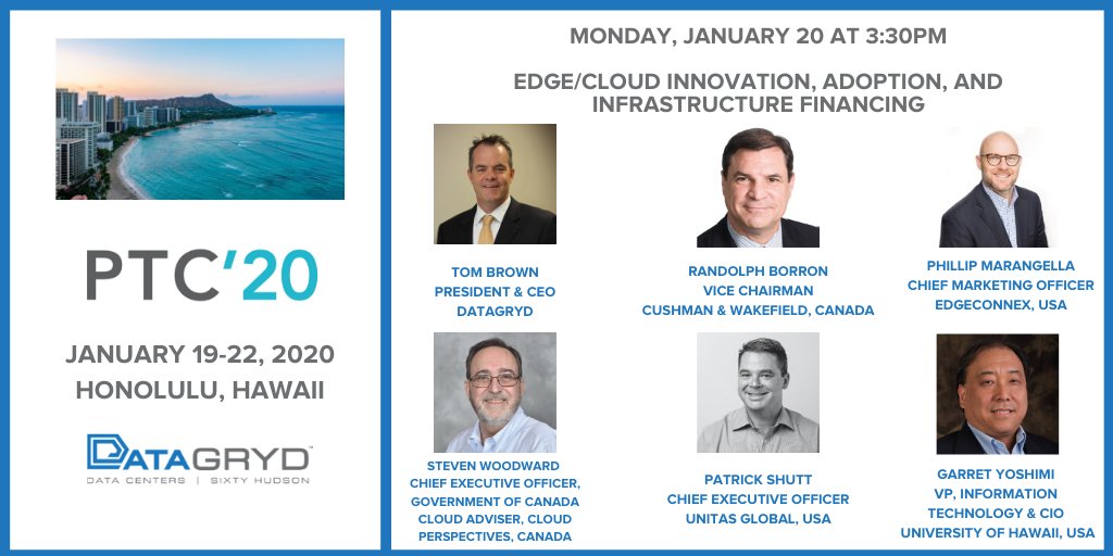 NyInterxchange's tweet photo. Gather insights on “Edge/Cloud Innovation, Adoption, and Infrastructure Financing" from #DataGryd President & CEO Tom Brown and other industry leaders today at 3:30PM HST at #PTC20. If you'd like to connect with Tom at the event, request a meeting here: https://t.co/84jDCbZY7A https://t.co/juIoswiKrV