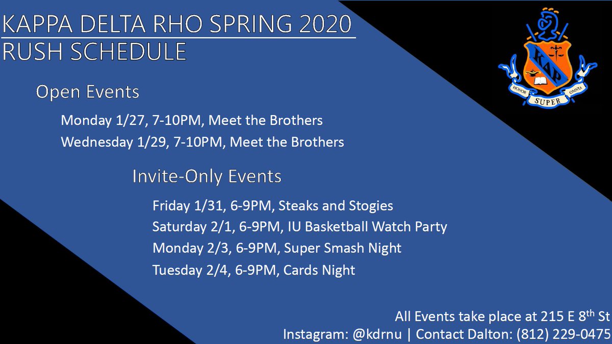 Here is our calendar for Spring Recruitment 2020! Do not forget to register for IU IFC Recruitment by Wednesday. Feel free to contact Dalton if you have any questions or need a ride to an event!
