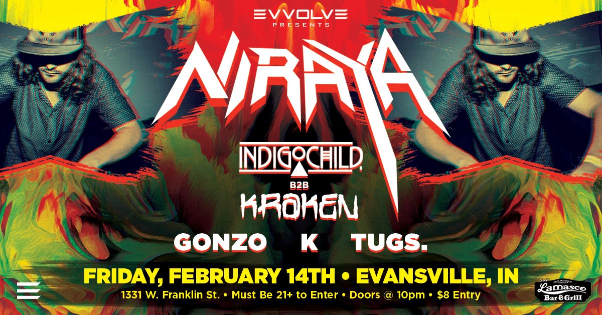 evvolve's tweet photo. JUST ANNOUNCED - we're rounding out the month of February with appearances from @nirayamusic, @FryarMusic, @houmanbeats, @kadenabass, @IndigoChildIndy, and more. See event pages for details • https://t.co/8HX4faHlEO
•
Design by @ELAV8 / https://t.co/sa9boAAd6F https://t.co/9zSAlNqVkI