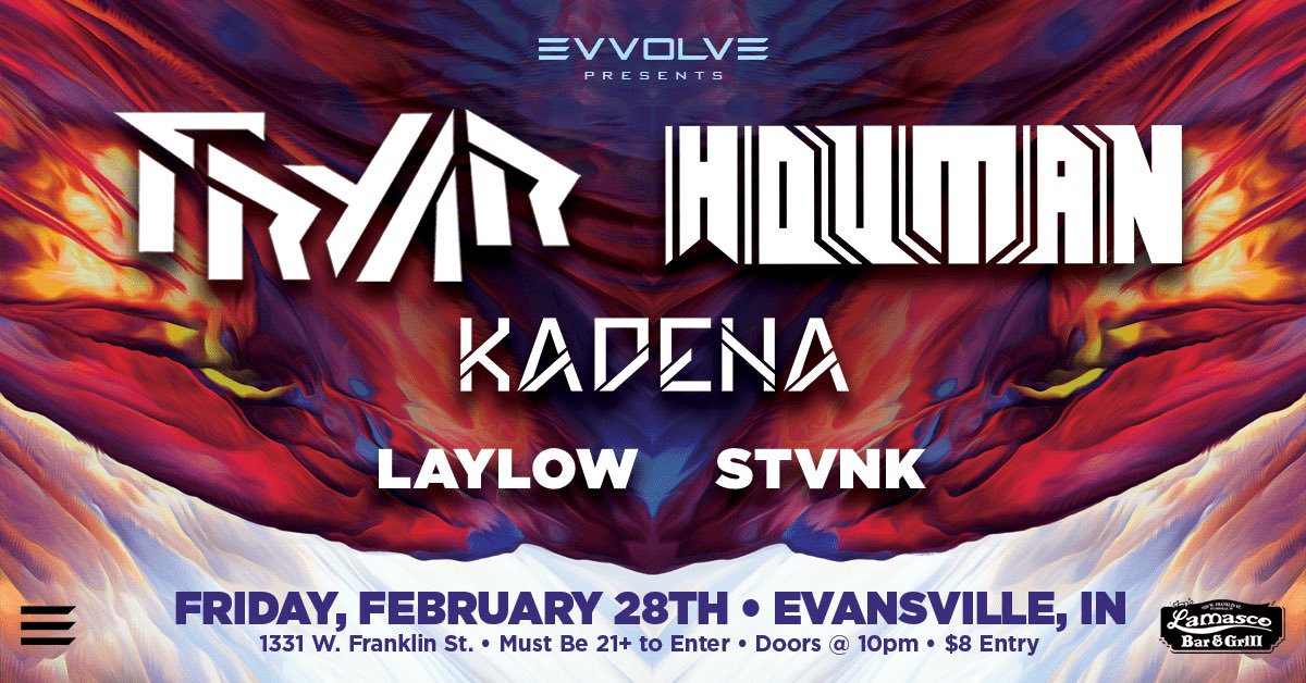 evvolve's tweet photo. JUST ANNOUNCED - we're rounding out the month of February with appearances from @nirayamusic, @FryarMusic, @houmanbeats, @kadenabass, @IndigoChildIndy, and more. See event pages for details • https://t.co/8HX4faHlEO
•
Design by @ELAV8 / https://t.co/sa9boAAd6F https://t.co/9zSAlNqVkI