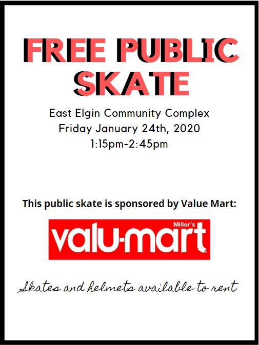 ANOTHER FREE SKATE!! Valu-Mart is sponsoring this Fridays skate from 1:15pm to 2:45pm! Come on out and bring your family and friends!