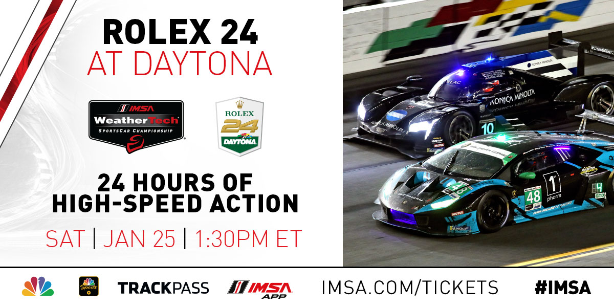 IMSA's tweet photo. Twice around the clock.
Who will be in contention at sunrise?
Who will take home the coveted @rolex watches?
Find out on the @nbc network Saturday, January 25th at 1:30 pm ET!
@DISupdates @Rolex24Hours
#IMSA / #Rolex24 https://t.co/AmrtDZnfqT
