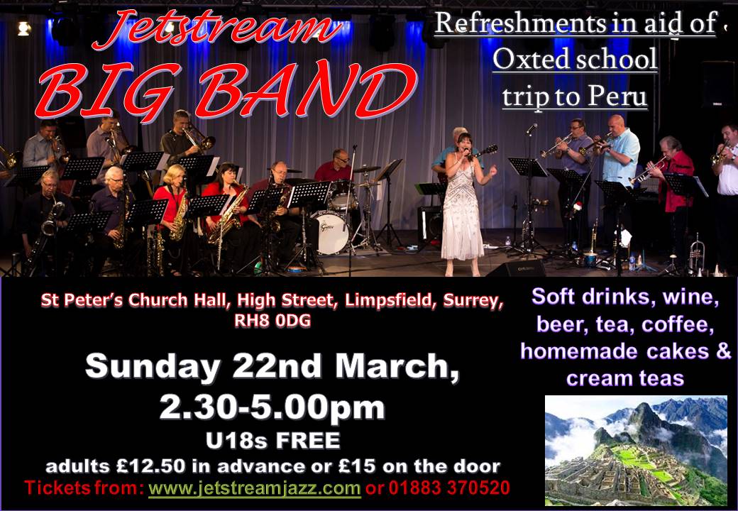 JetStream Jazz (@jetstreamjazz) on Twitter photo Looking for an afternoon of great music & refreshments? Want to inspire the kids to take up an instrument? Keen to help <a href="/oxtedschool/">Oxted School</a> students raise money for a trip of a lifetime to Peru? Somewhere to go on Mother's Day?
<a href="/oxted/">oxted</a> <a href="/oxted_news/">Oxted News</a> <a href="/BullLimpsfield/">The Bull Inn, Limpsfield</a> <a href="/peters_church/">St Peters Limpsfield</a> Looking for an afternoon of great music & refreshments? Want to inspire the kids to take up an instrument? Keen to help <a href="/oxtedschool/">Oxted School</a> students raise money for a trip of a lifetime to Peru? Somewhere to go on Mother's Day?
<a href="/oxted/">oxted</a> <a href="/oxted_news/">Oxted News</a> <a href="/BullLimpsfield/">The Bull Inn, Limpsfield</a> <a href="/peters_church/">St Peters Limpsfield</a>