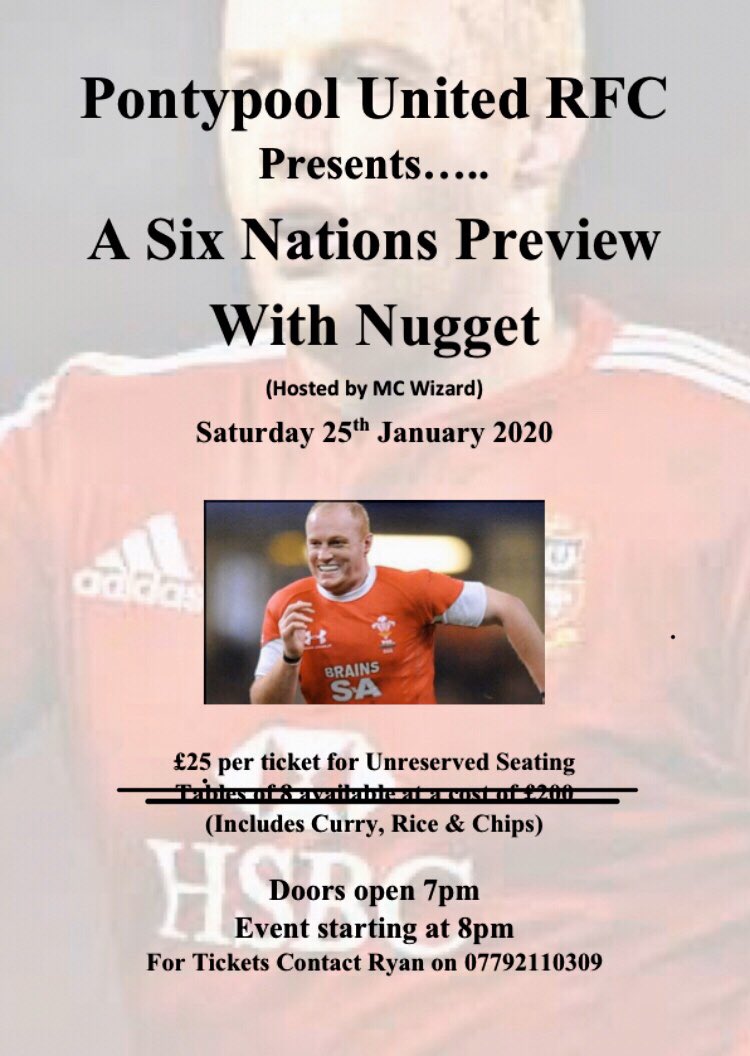 🔴⚪️⚫️SUPER SATURDAY 🔴⚪️⚫️ Saturday 25th January 📍@PontypoolUnite v @Nelsonrfc 📍@PontypoolRFC v @CarmQuinsRFC live on TV 📍Followed by ‘A six nations preview with Nugget’ Get in touch to get your tickets ONLY 20 TICKETS LEFT £25 per ticket for unreserved seats