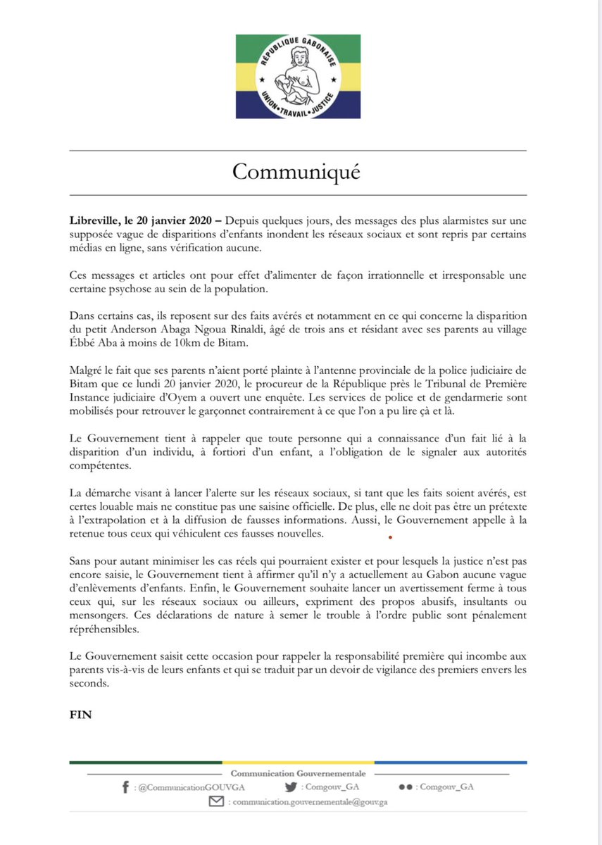 Communiqué du gouvernement sur la supposée vague de disparitions d’enfants. #ComGouv 🇬🇦