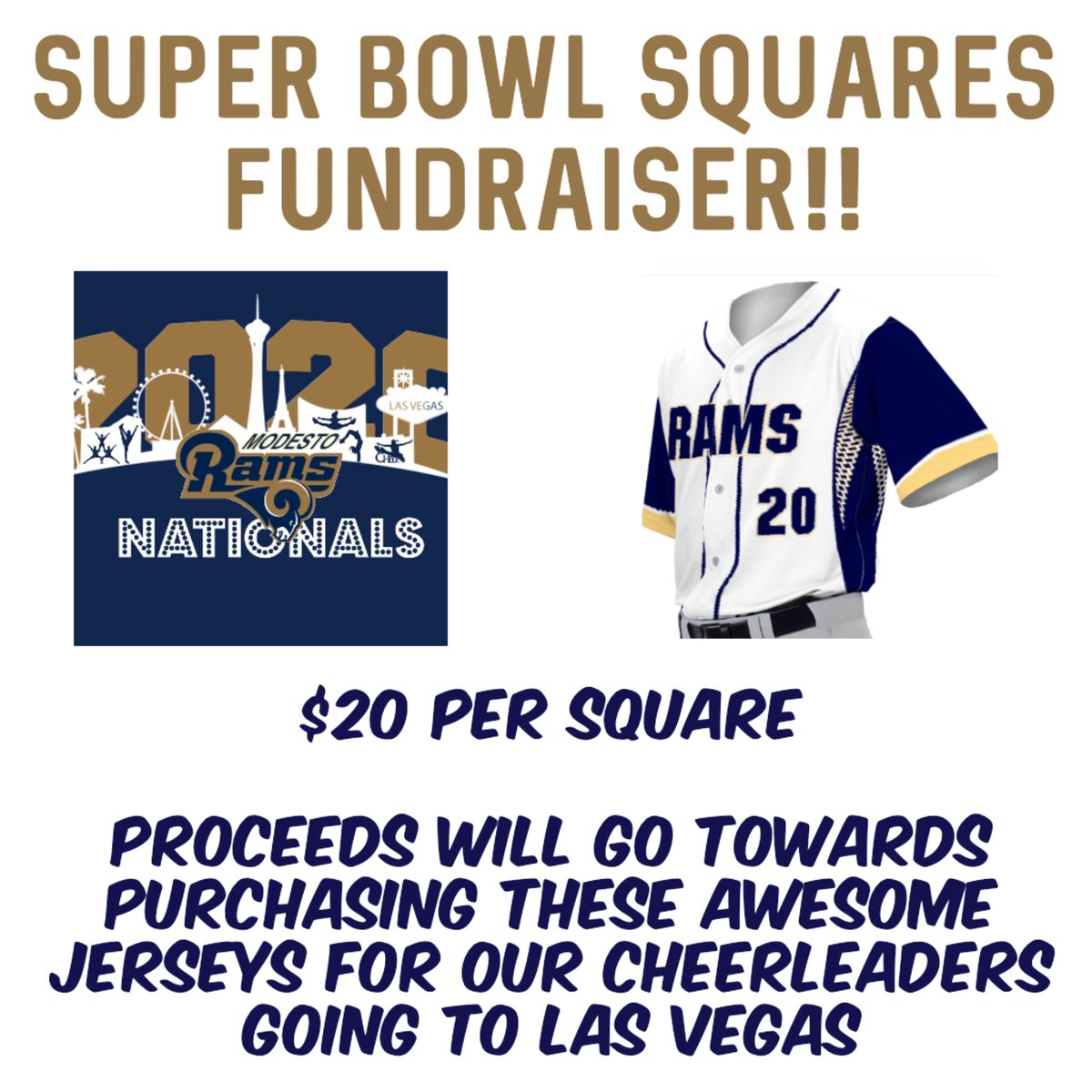 ModestoRams2019's tweet photo. It’s not to late to get your super bowl squares!! Prizes: 
1st quarter: $100
Halftime:  $300
3rd quarter: $100
Final: $500

Click here to purchase https://t.co/0U8ABl1NeY https://t.co/lJF4e0lZSA