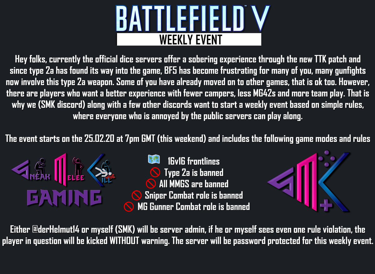 I am starting a weekly #BattlefieldV event with the help of others. I may not always be able to attend but there will be someone there to admin in my absence. If you wish to take part you need to be in my discord, the password will only be shared there &amp; a few others.