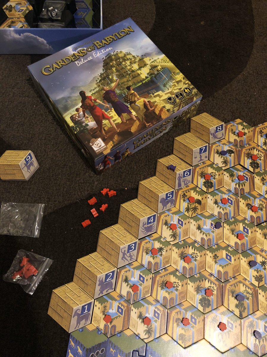 thegrimberian's tweet photo. Finally got to play #GardensOfBabylon by @CackleberryBG - order from @kickstarter ages ago but have only just round to taking the wrapping off. Great tile and worker placement game and quick to pick up. https://t.co/JThrUgAxvI