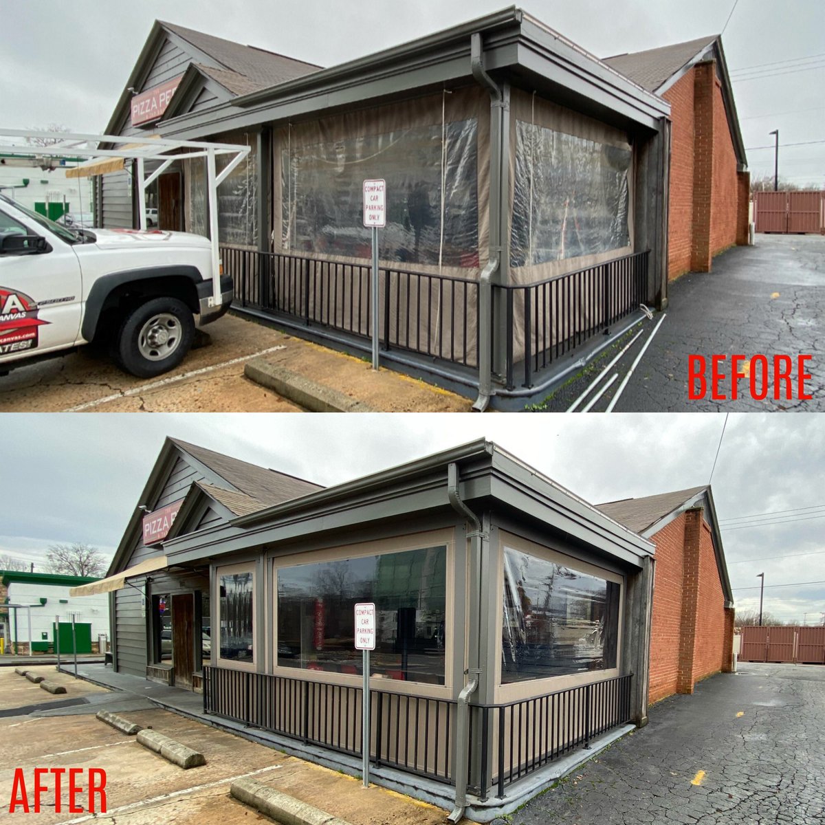 The Pizza Peel Cotswold's patio received a big time face lift last week. We replaced their aging rope and pulley curtains with a beautiful new Alpha Cafe Curtain System that management and patrons alike will be able to enjoy for years to come! #faceliftbyalpha