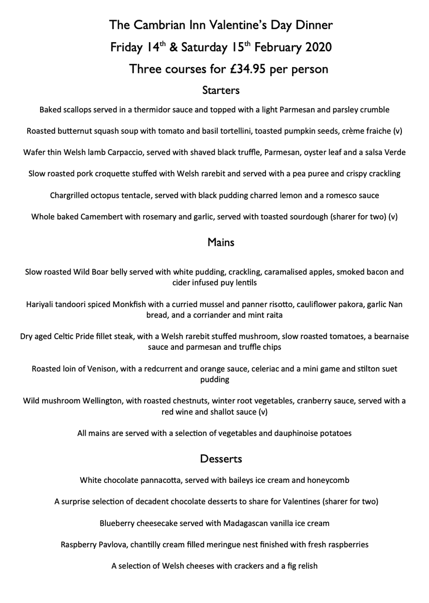 Blow away that Blue Monday feeling and look forward to a romantic night in February, you could be dining with the special one in your life on some of these tasty dishes.......call to book your table for either Friday 14th or Saturday 15th at <a href="/TheCambrianInn1/">The Cambrian Inn</a>