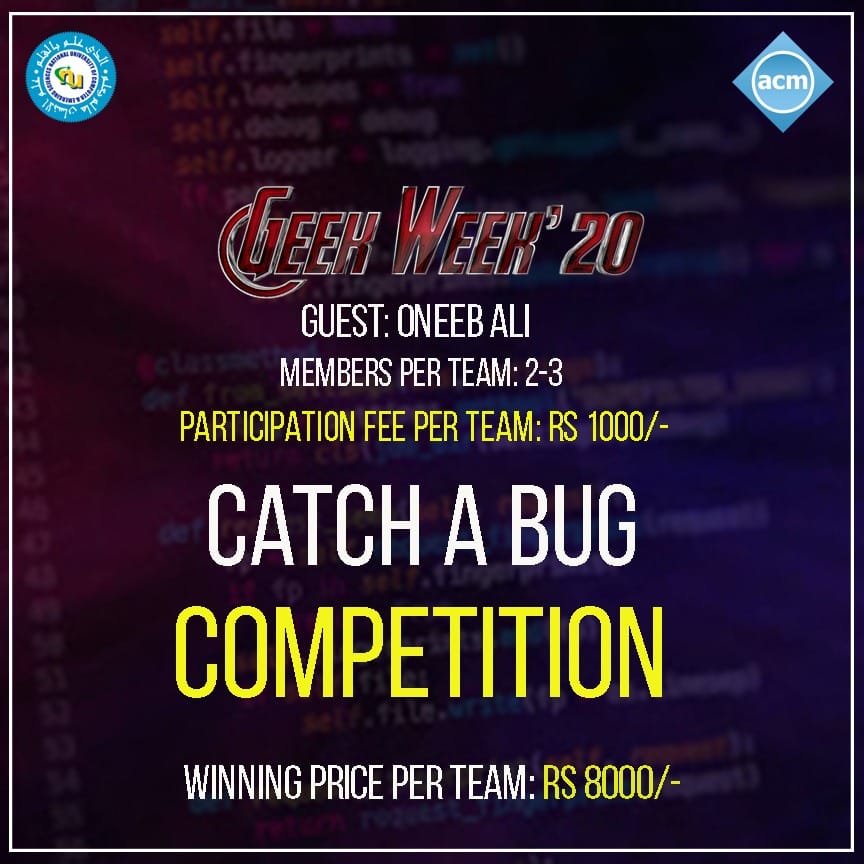 nucesacm's tweet photo. Bugs can be irritating, and for some programmers, it can be a nightmare. If you think you have what it takes to catch them, then, prove your mettle in the "Catch a Bug Competition"

REGISTRATIONS ARE OPEN!
https://t.co/jL7QIcZHtq https://t.co/zBH2rPEaSd