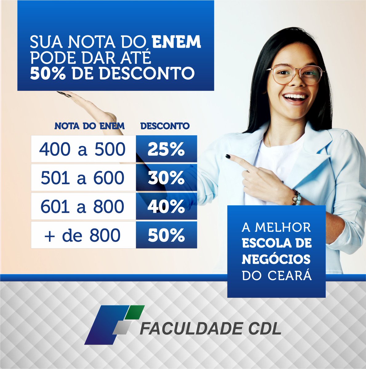 FaculdadeCDL's tweet photo. Saiu o resultado do #ENEM2019 e quer entrar na sua #Graduação com aquele desconto camarada? 😉 Essa é a nossa tabela de descontos de acordo com a pontuação que você tirou na prova. Quer saber mais? Fale conosco pelas redes sociais ou acesse nosso site: https://t.co/kzYo6JI4K2 https://t.co/VOVGohB7hv