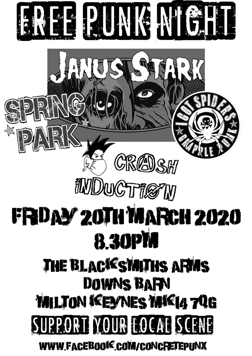 Our next gig in #milton #keynes #mk featuring <a href="/CrashInduction/">Crash Induction</a> <a href="/JanusStark1/">Janus Stark</a> <a href="/Spring_Park_UK/">Spring Park</a> and <a href="/igotspiders/">I Got Spiders</a> and it’s free entry!
<a href="/punkyradio/">Punky!</a> <a href="/PunkRockClub/">PunkRockClub</a> @punksonline <a href="/RealPunkRadio/">Real Punk Radio</a> @PunksInPubs <a href="/ChurchPunkRadio/">Church Of Punk Rock</a> <a href="/PunkPromoter/">PunkPromoter</a> <a href="/PunkNewsUk/">Punk News</a> #freepunk #livemusic