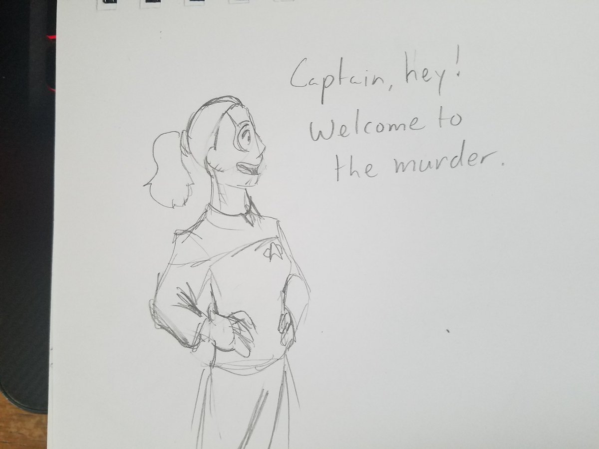 Drawing of Jane Lakat from Clear Skies saying "Captain, hey! Welcome to the murder."