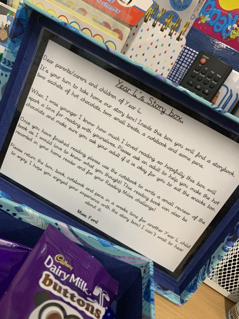 miss_f_teaches_'s tweet photo. Our story box is ready to go home with its first child tomorrow💙 #edutwitter #story #reading #NQT https://t.co/jTAV2J08kU