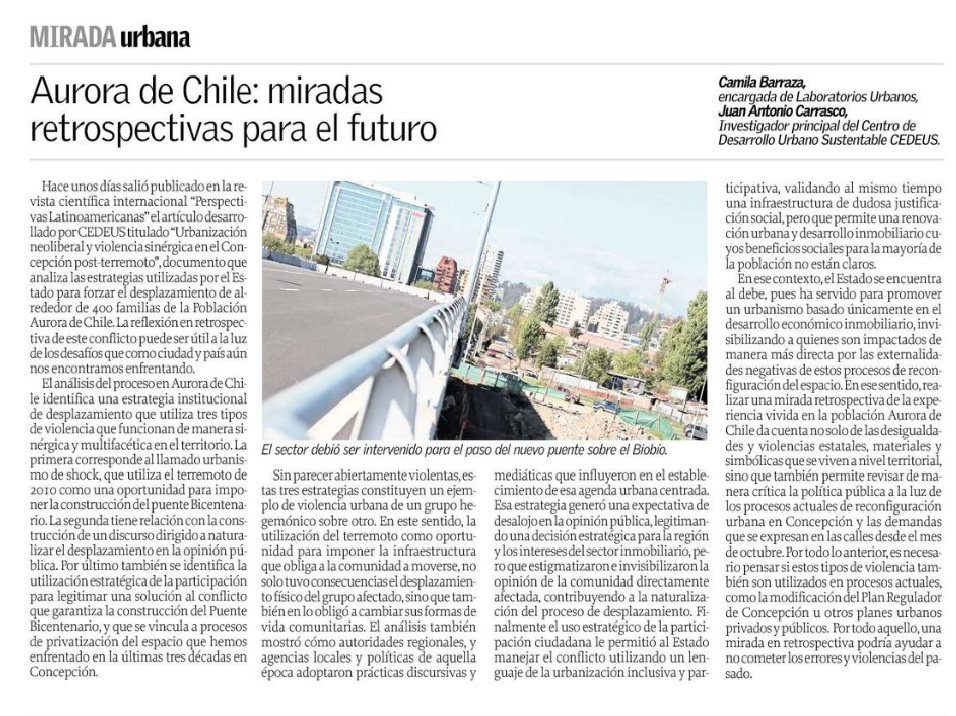juanan_carrasco's tweet photo. "Aurora de Chile: Miradas retrospectivas para el futuro" Columna en el @elsurcl, escrita con Camila Barraza de investigación realizada junto @christianmatus y Rodrigo Ganter respecto al conflicto. Una mirada crítica para pensar los procesos actuales de participación de Concepción https://t.co/WwFY87lxFs