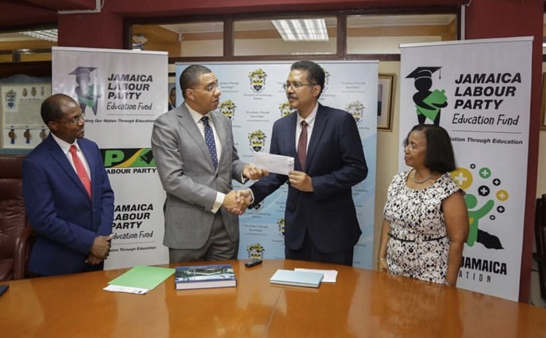JLPEduFund's tweet photo. Recently Prime Minister Holness, Chairman of the JLP Edu Fund  made a donation of $1,500,000 to @UTechJamaica to assist students who may be at risk of being de-registered due to non-payment of fees. He made a further donation of $1,000,000 from his @PositiveJamaic1  foundation. https://t.co/V8B9KRYTtF